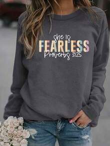 女式休閒極簡風格圓領印字運動衫 - 深灰色 - 查看 1