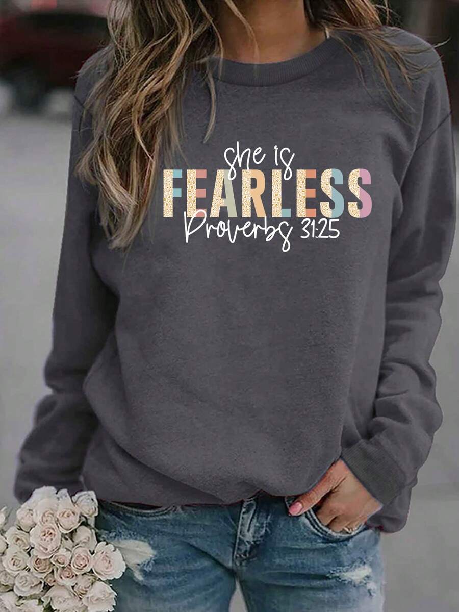 女式休閒極簡風格圓領印字運動衫 - 深灰色 - 查看 1