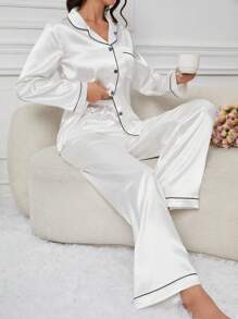 Contrast Trim Pajama White Set, Fall Winter Clothes - White - View 3