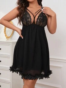 Váy ngủ Pyjama lưới ren gợi cảm cỡ lớn dành cho nữ - màu đen - Xem 5