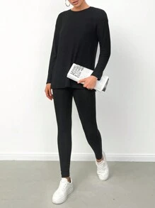 SHEIN Cottnline Women's Long Ribbed T-Shirt And Leggings 2pcs/Set - Black - View 4
