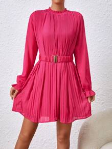 SHEIN Tall Women's Stand Collar Frill Trim Pleated Dress, Tall Women - Hot Pink - View 5