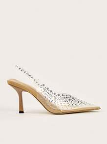 Women Rhinestone Decor Point Toe Stiletto Heeled Pumps, Glamorous PVC Slingback Pumps For Party - Apricot - View 2