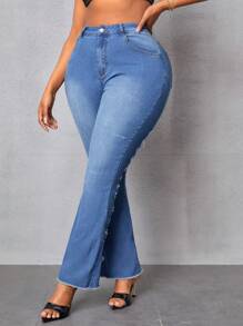 SHEIN SXY Jeans acampanados elásticos rotos talla grande - Azul - Ver 4