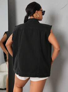 SHEIN SXY Kích thước lớn Của phụ nữ Ngực đơn Áo khoác denim - màu đen - Xem 2