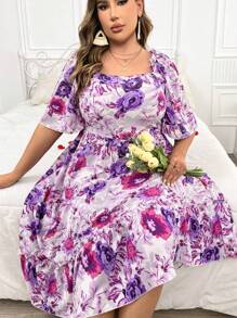 SHEIN Holidaya 大尺碼女款花卉印花收腰連身裙 - 紫色 - 查看 1