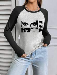 SHEIN Essnce Women's Eye Printed Color Block Raglan Long Sleeve T-Shirt - Multicolor - View 4