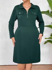 SHEIN LUNE Plus Size Half Placket Long Sleeve Dress With Flip Detail And Zip Closure - Dark Green - View 1