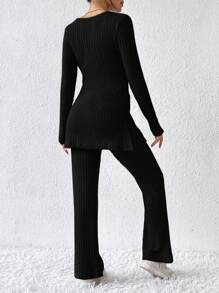 SHEIN Frenchy Women's Square Neck Long Sleeve T-Shirt And Flared Trousers Two Piece Set Winter Black Casual Spring - Black - View 2