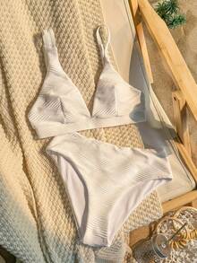 SHEIN Swim 纯色特殊面料保守比基尼套装婚礼夏季海滩 - 白色 - 查看 3