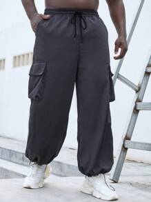 Manfinity Homme Men's Plus Size Loose Pants With Drawstring Waist And Flap Pocket - Dark Grey - View 1