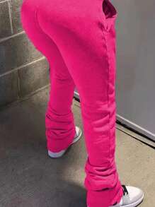 INAWLY Women's Sweatpants With Adjustable Drawstring Waist And Emoticon Print - Hot Pink - View 2
