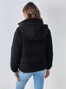 SHEIN Frenchy Drawstring Waist Zipper Front Padded Coat - Black - View 2