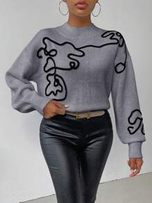 SHEIN Essnce Của phụ nữ Thêu Tay áo lồng đèn Áo len - Xám - Xem 6