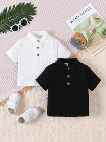 2入組嬰兒男童基本款純色半扣領帶扣短袖襯衫 - 彩色 - 查看 1