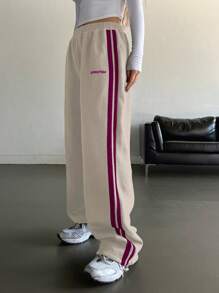 DAZY Women's Side Striped Letter Print Sweatpants,Women Joggers - Khaki - View 5