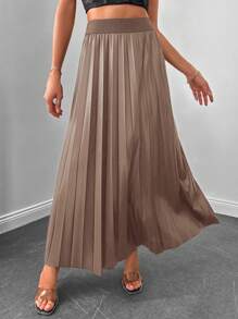 EURMUSE Solid Pleated Flare Skirt - Chocolate Brown - View 3
