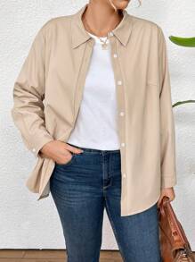 SHEIN LUNE Plus Size Solid Color Flannel Shirt - Khaki - View 5