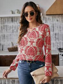 SHEIN LUNE Women's Silk Satin Printed Long Sleeve Shirt