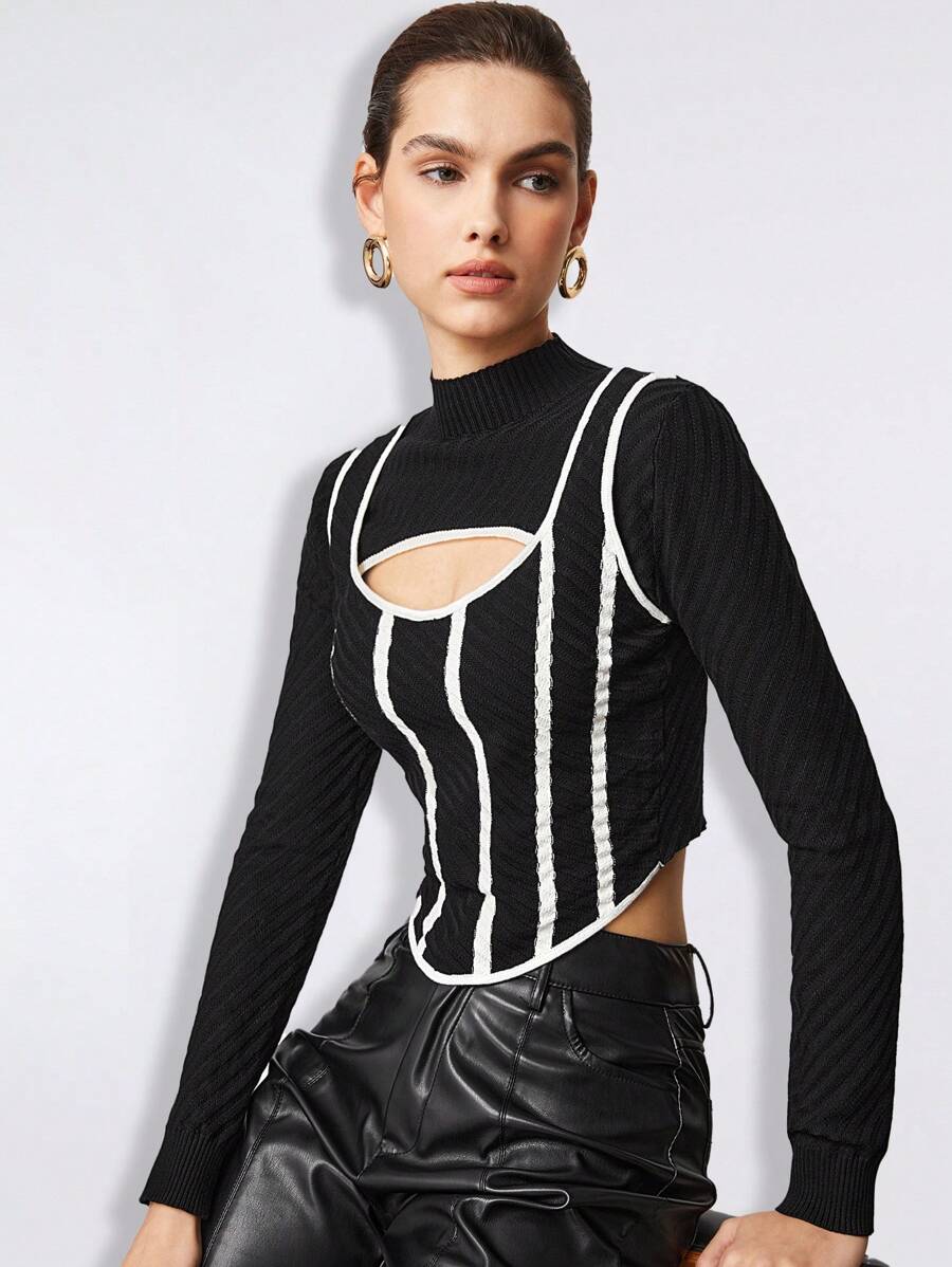 BizChic 1PC Contrast Binding Cut Out Front Sweater - Multicolor - View 1