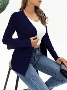 AAmilife Màu thuần Dệt kim Nút Thiết kế Chi tiết túi Tay áo dài Quý cô Áo len Mở - Màu xanh hải quân - Xem 8