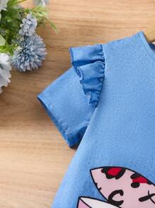 SHEIN 年輕女孩露肩荷葉邊卡通印花洋裝 - 藍色 - 查看 6