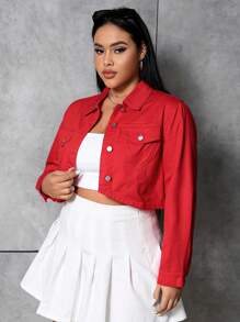 SHEIN EZwear Của phụ nữ Kích thước lớn Cổ bẻ Tay áo dài Áo khoác denim - Đỏ - Xem 4