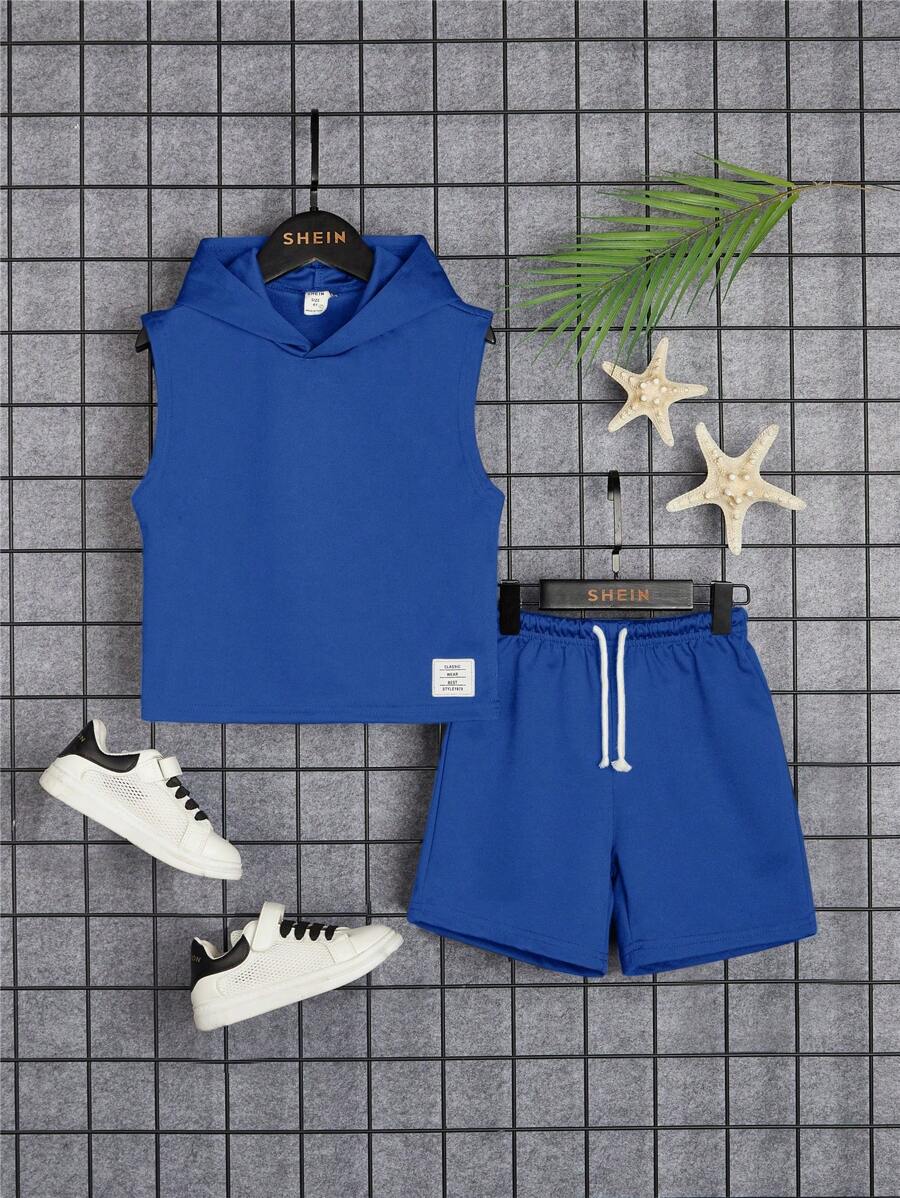 SHEIN 2pcs/Set Young Boy Casual Daily Commute Sports Style Letter Print Hoodie Vest And Drawstring Waist Shorts
