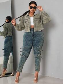 SHEIN SXY 大尺碼破洞斷裂牛仔外套 - 軍綠色 - 查看 4