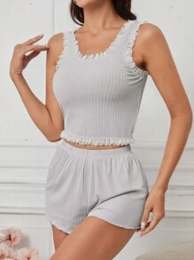 女款拼接花邊背心褲短套裝家居服 - 淺灰色 - 查看 1