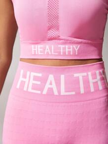 SHEIN Teenage Girls' Seamless Letter Printed Camisole Top And Pants Sports Set - Hot Pink - View 3