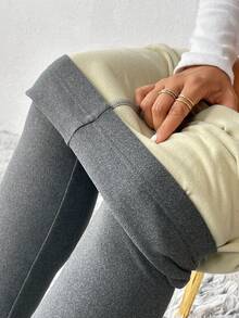 SHEIN Essnce 女士高腰保暖内衬紧身裤 - 棕色 - 查看 8