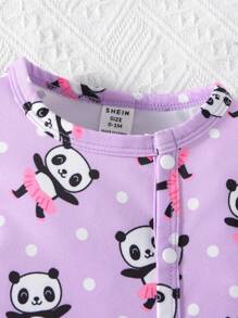 4pcs/Set Baby Girls' Panda Printed, Jumpsuit, Pants, Bodysuit, Hat Pajamas Home Outfits - Purple - View 3