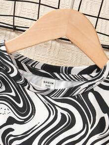 SHEIN Tween 女孩大理石印花抽繩側裙 - 黑色 - 查看 6