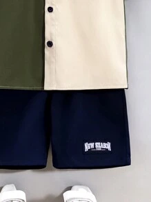 Toddler Boys' Casual Coordinated Woven Patchwork Color-Blocking Turn-Down Collar Shirt And Shorts Set