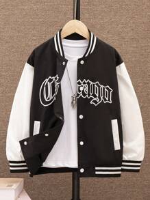 SHEIN Tween Boys' Casual Fashionable Letter Printed Color Block Baseball Jacket - Black and White - View 1