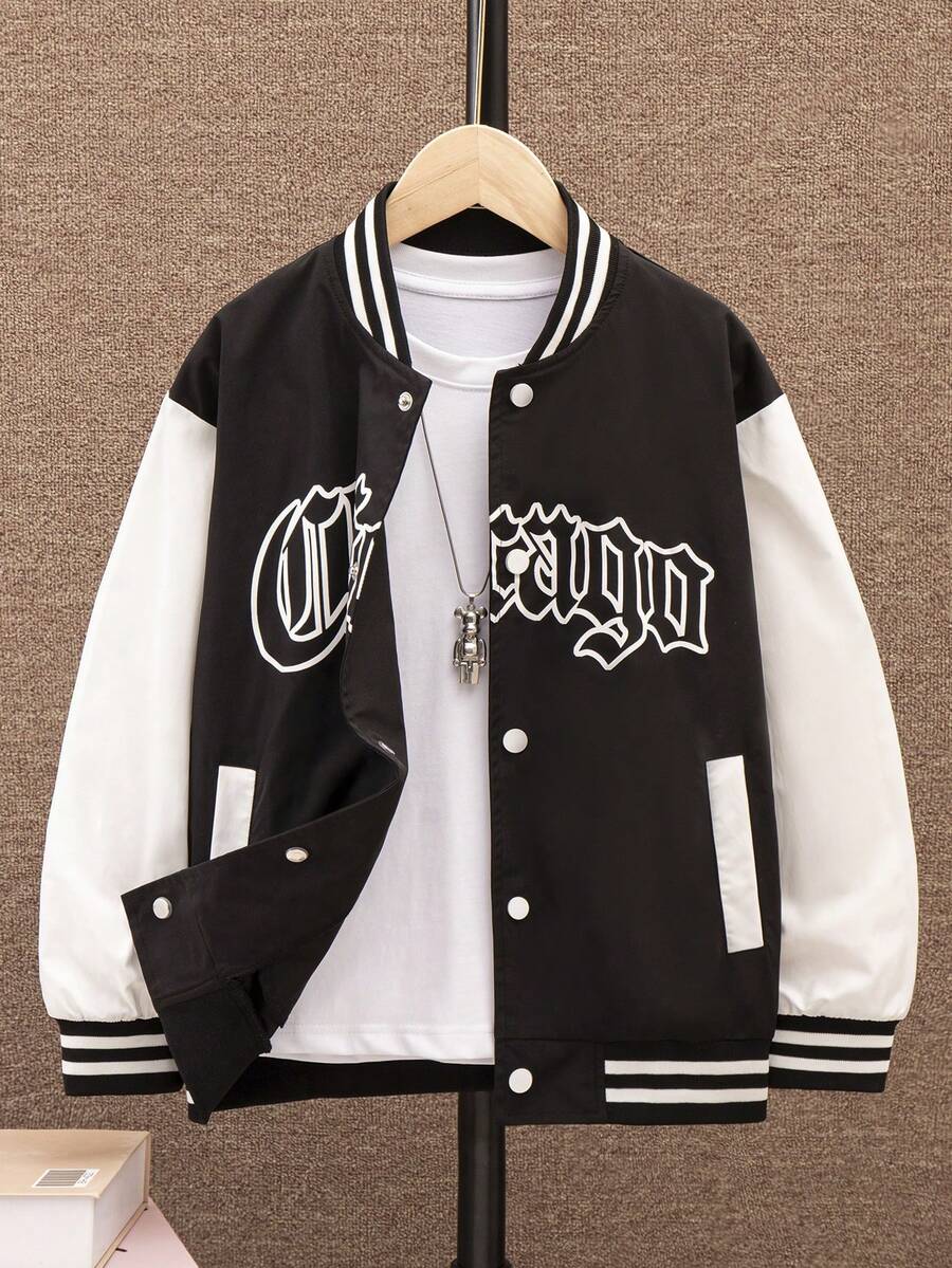 SHEIN Tween Boys' Casual Fashionable Letter Printed Color Block Baseball Jacket - Black and White - View 1