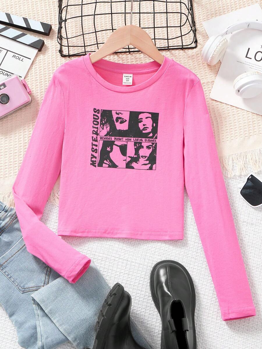 SHEIN Girls' Sports Knit Pullover With Round Neck Long Sleeves - Pink - View 1