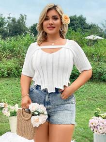 Flirla Plus Size Fashionable Knit Hollow Out Top With Unique Design - White - View 5