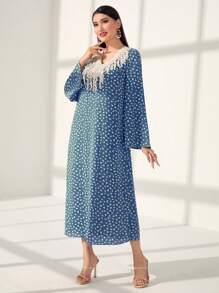Al Najma Full Printed Patchwork Water Soluble Lace V-Neck Kaftan - Blue - View 3