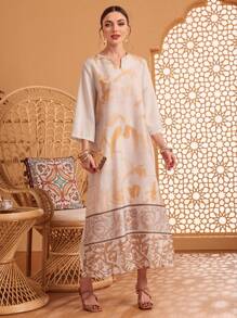Al Najma Random Printed Notched Collar Dress - Apricot - View 1