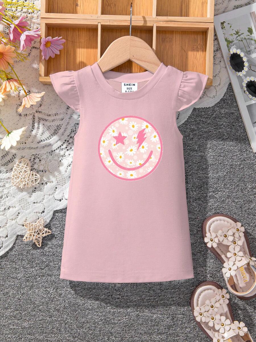 SHEIN Baby Girl Fun And Cute Smiling Face & Floral Casual Cap Sleeve Dress, Versatile - Pink - View 1