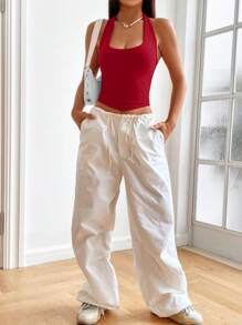 SHEIN EZwear Top halter con espalda descubierta y cruzado en tallas grandes - Rojo - Ver 4