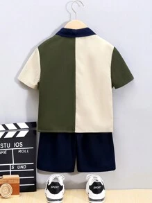 Toddler Boys' Casual Coordinated Woven Patchwork Color-Blocking Turn-Down Collar Shirt And Shorts Set