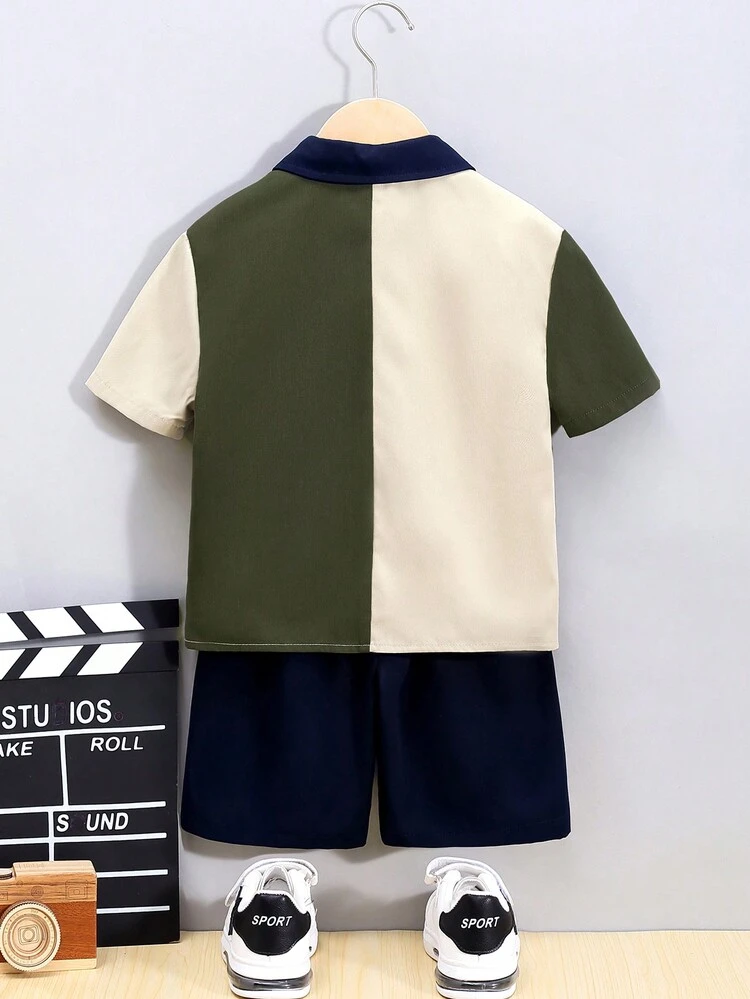 Toddler Boys' Casual Coordinated Woven Patchwork Color-Blocking Turn-Down Collar Shirt And Shorts Set