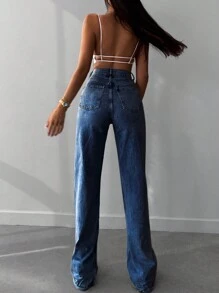 SHEIN Tall 休闲高腰直筒牛仔裤 - 深色水洗藍 - 查看 2