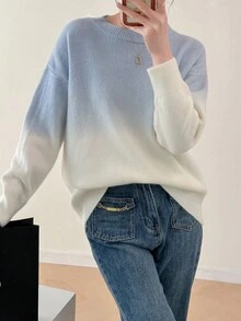 Vòng cổ Màu tương phản Xoắn ốc Đáy Gầy Áo len - Màu xanh nhạt - Xem 6