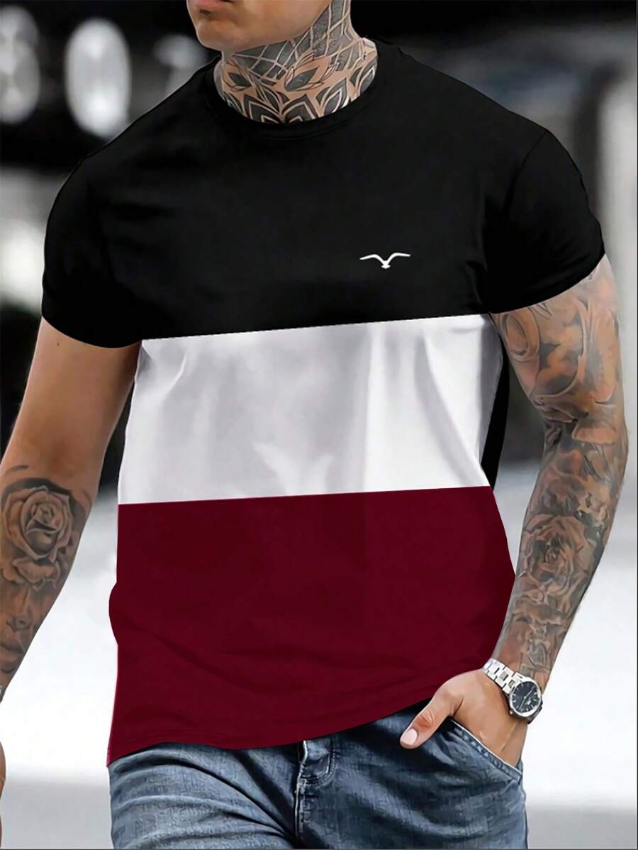 Manfinity Homme Men's Color-Contrasted Seagull Pattern Short Sleeve T-Shirt - Black - View 1