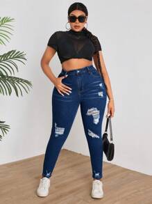 SHEIN SXY Plus Size Distressed Slim Fit Jeans - Dark Wash - View 6