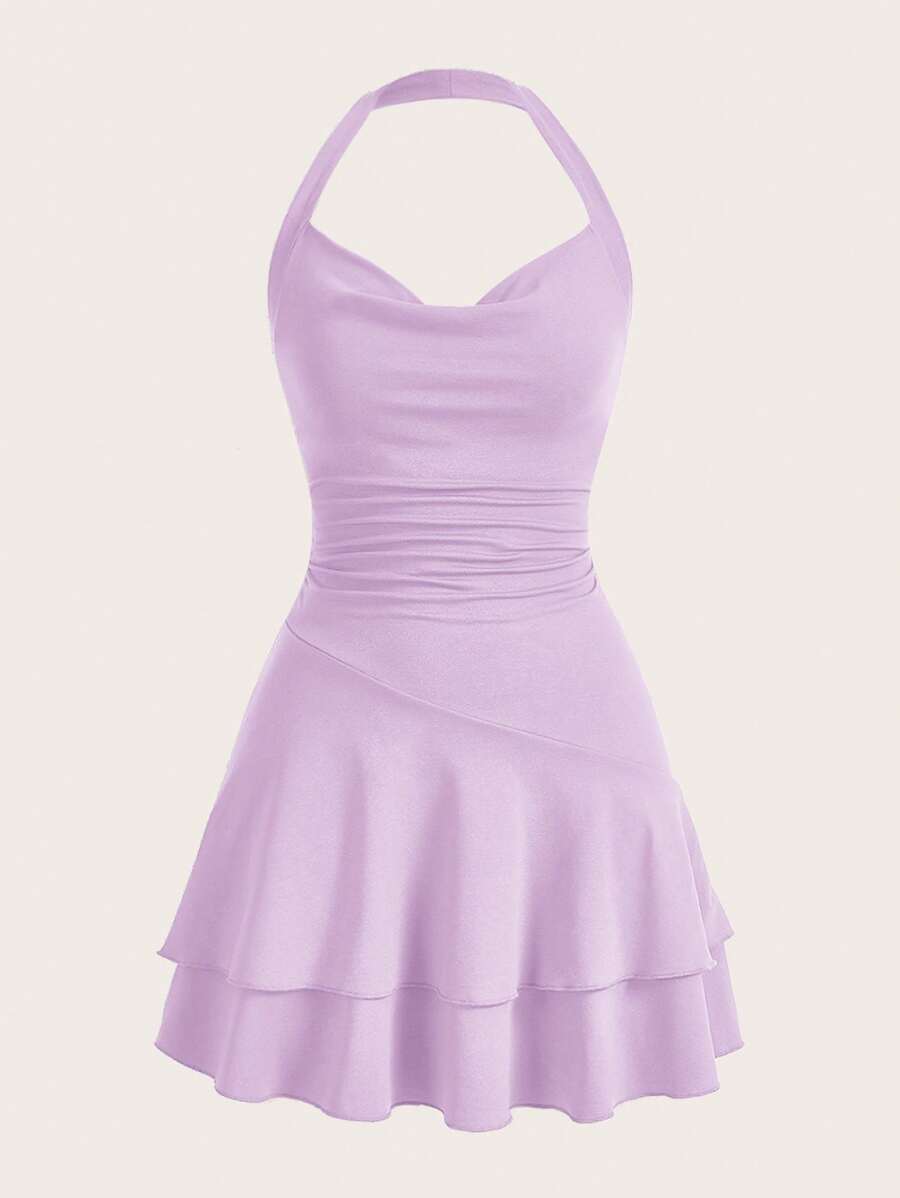 SHEIN MOD Women's Slim Fit Pleated Halter Dress - Lilac Purple - View 1